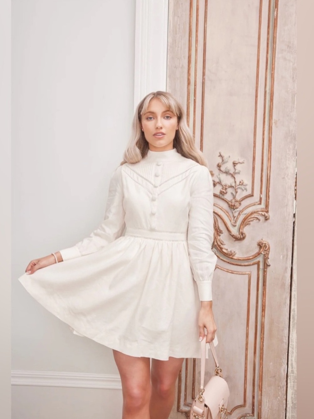 Flossy By Freddy Fay Dress Cream Linen Lace High Neck Cottagecore NWT XS